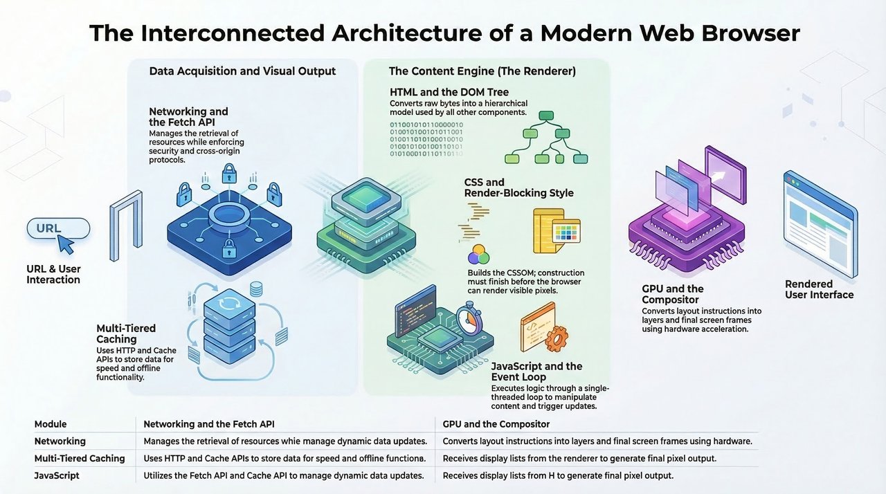 Components of a web browser, including the UI, rendering engine, javascript engine, networking stack, etc.