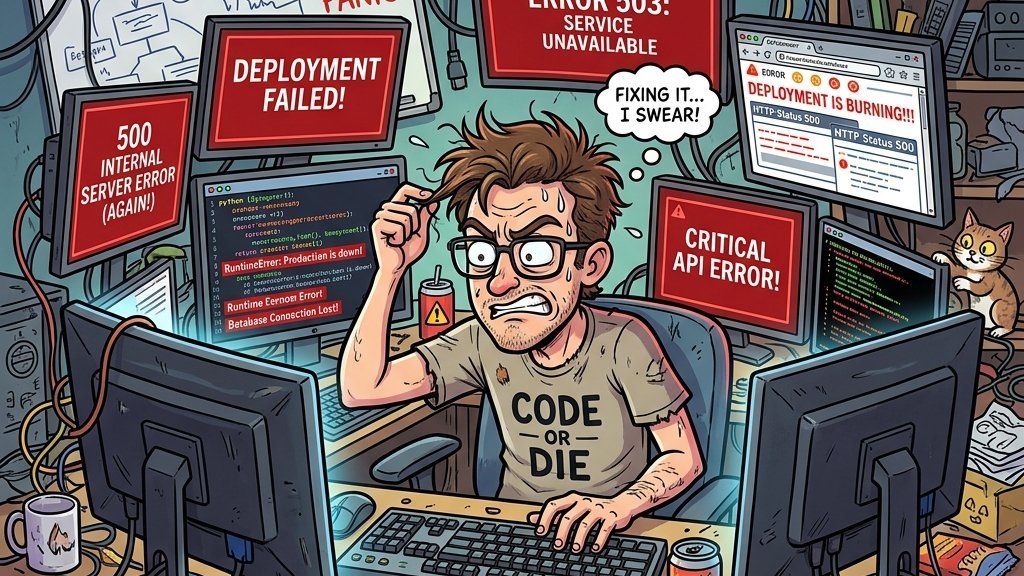 A developer surrounded by computer monitors displaying terminal windows and browser error messages.