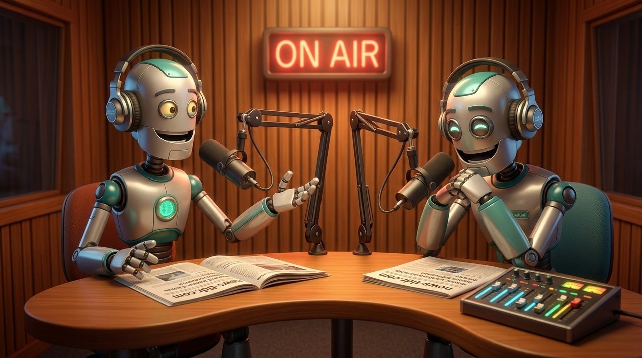 Robots discussing the news in a podcast studio