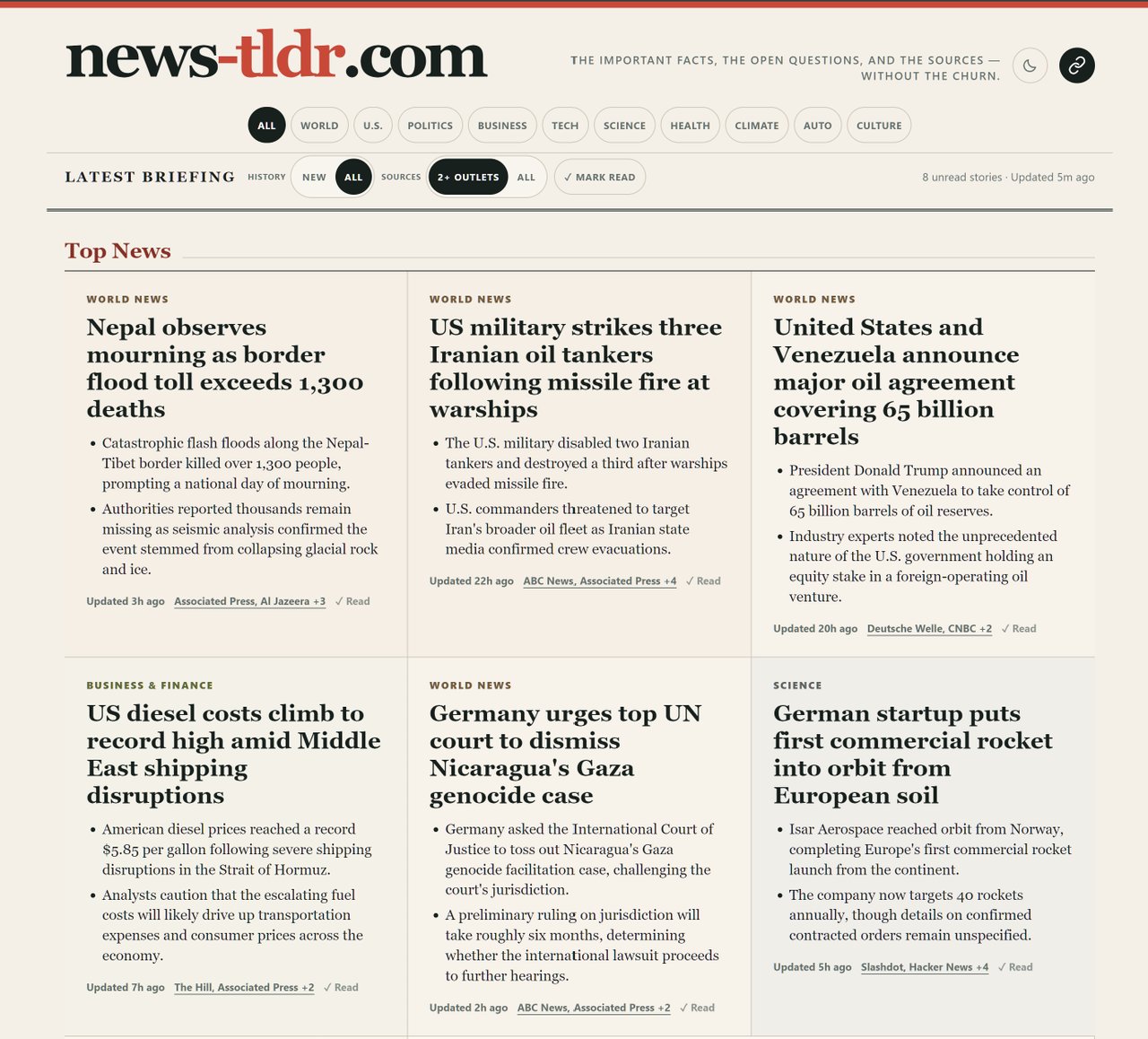 Screenshot of news-tldr.com's home page