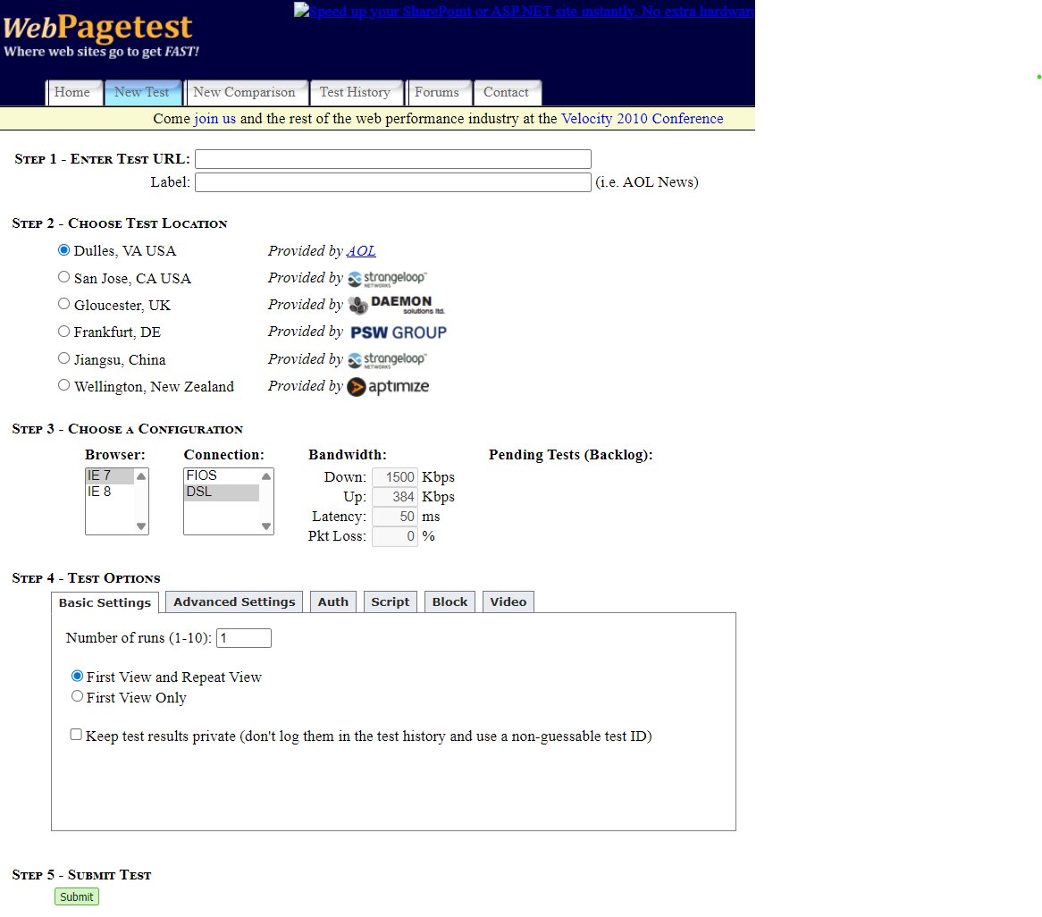 Screenshot of the WebPageTest UI with a plain white HTML form and fields.